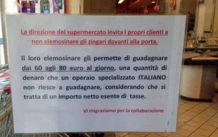 Preocupante mensaje racista de un súper italiano contra los gitanos