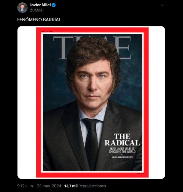 El Presidente compartió la portada de Time en su cuenta oficial de X con la frase “fenómeno barrial” para burlarse de quienes muchas veces intentaban desacreditarlo antes de las elecciones. El Presidente compartió la portada de Time en su cuenta oficial de X con la frase “fenómeno barrial” para burlarse de quienes muchas veces intentaban desacreditarlo antes de las elecciones.
