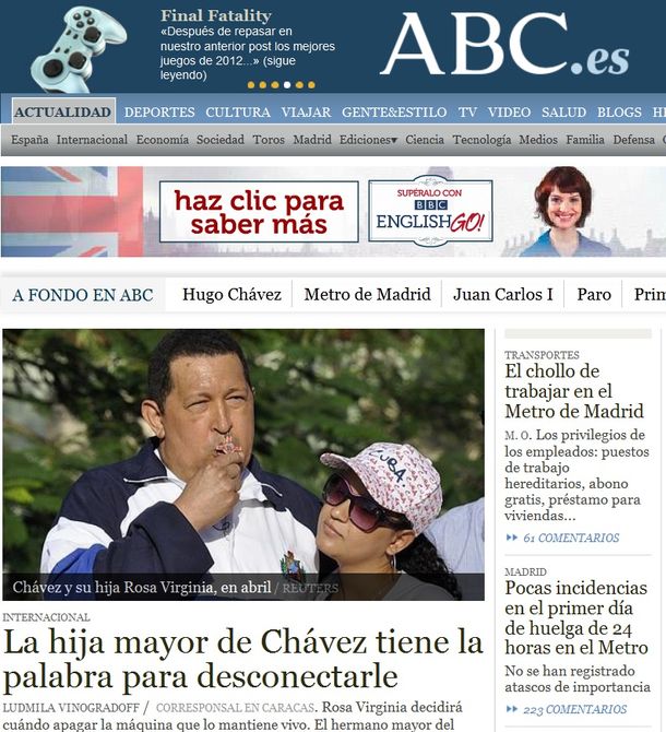 Un diario español asegura que la hija de Chávez decidirá cuándo desconectarlo