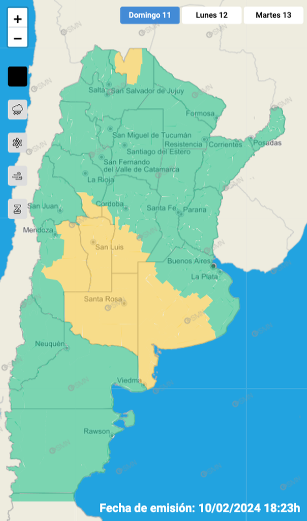 Rige alerta por tormentas fuertes y granizo para Buenos Aires y otras seis provincias. Fuente: Servicio Meteorológico Nacional. Rige alerta por tormentas fuertes y granizo para Buenos Aires y otras seis provincias. Fuente: Servicio Meteorológico Nacional.