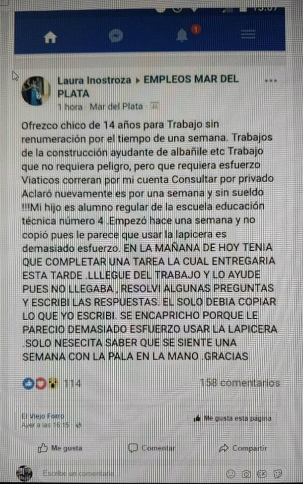 Ofreció a su hijo para trabajar en la construcción porque le dijo que le daba fiaca ir a la escuela