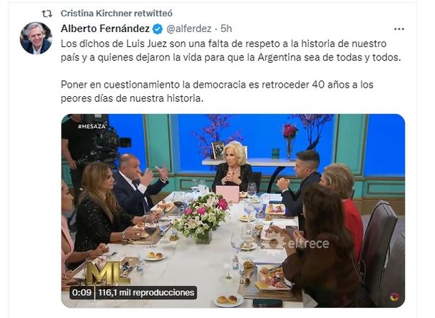 Cristina Kirchner retuiteó a Alberto Fernández por la barbaridad de Luis Juez