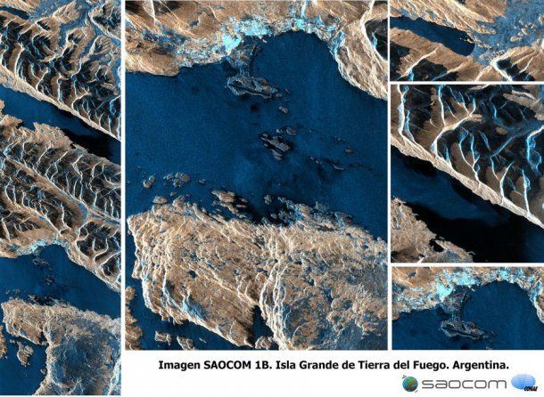 La ciudad de Ushuaia, el aeropuerto, vegetación, roca y mar en la Isla Grande de Tierra del Fuego, vista por el SAOCOM 1B el 14 de septiembre