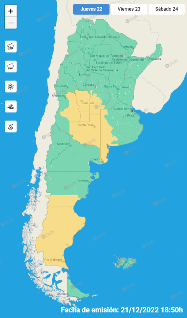 Mapa del Servicio Meteorológico Nacional del alerta por tormentas y granizo en el país.