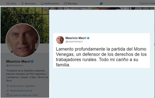 Mensaje de Macri por la muerte del Momo Venegas