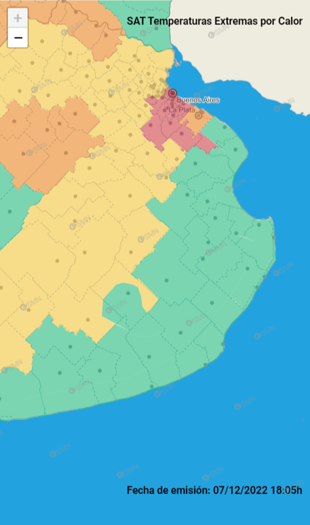 Ola de calor en Argentina. Hay alerta rojo para la Ciudad y el conurbano. Fuente: Servicio Meteorológico Nacional.