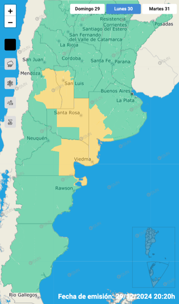 Alerta por tormentas y granizo en Buenos Aires y otras cinco provincias. Fuente: Servicio Meteorológico Nacional. Alerta por tormentas y granizo en Buenos Aires y otras cinco provincias. Fuente: Servicio Meteorológico Nacional.