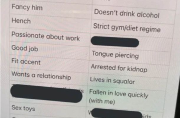 Hizo una lista con pros y contras de su novio y algo alarmó a todos (menos a ella)