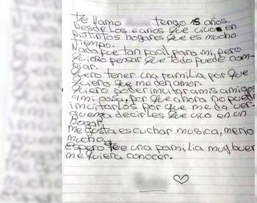 La conmovedora carta de una adolescente que pide ser adoptada