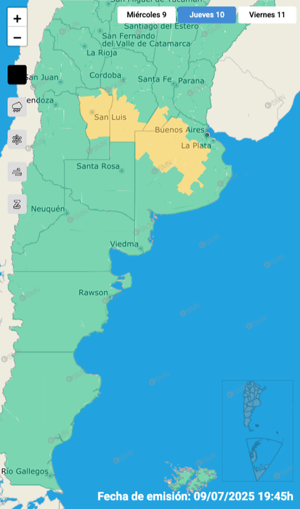 Mapa del alerta por tormentas y granizo en Buenos Aires, Santa Fe, Córdoba y San Luis. Fuente: Servicio Meteorológico Nacional. Mapa del alerta por tormentas y granizo en Buenos Aires, Santa Fe, Córdoba y San Luis. Fuente: Servicio Meteorológico Nacional.