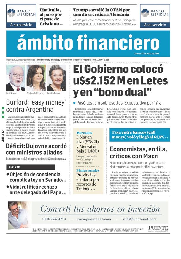 Tapas de diarios del jueves 12 de julio de 2018