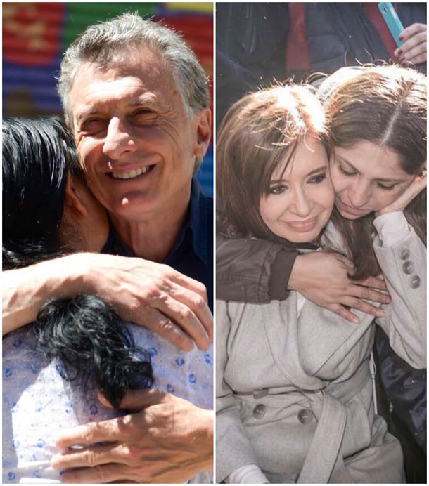 Mauricio Macri abraza a Margarita Barrientos y Cristina Fernández de Kirchner a una militante