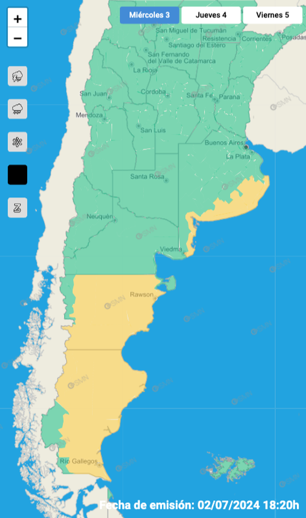Alerta por viento fuerte en Buenos Aires, Chubut y Santa Cruz. Fuente: Servicio Meteorol&oacute;gico Nacional.&nbsp;