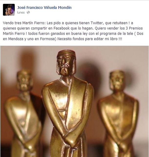 Famoso conductor vende sus tres Martín Fierro para terminar su libro