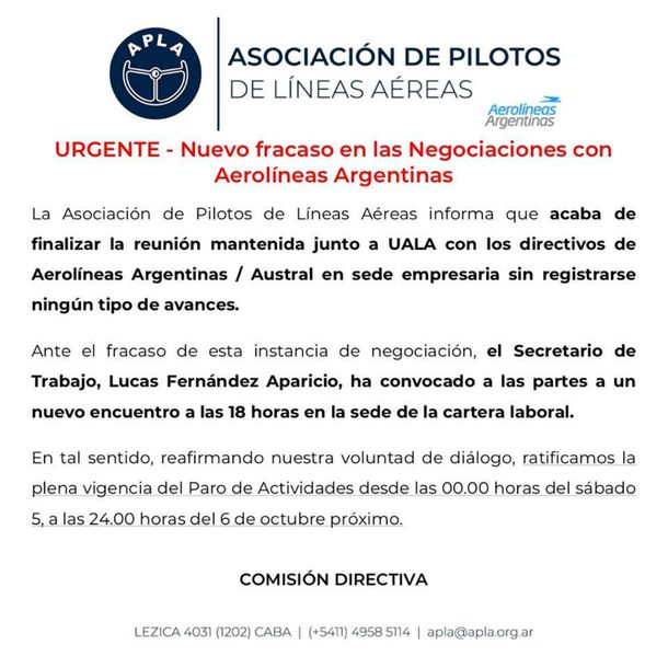 Fracasó una nueva reunión entre pilotos y ejecutivos de Aerolíneas Argentinas: se ratificó el paro