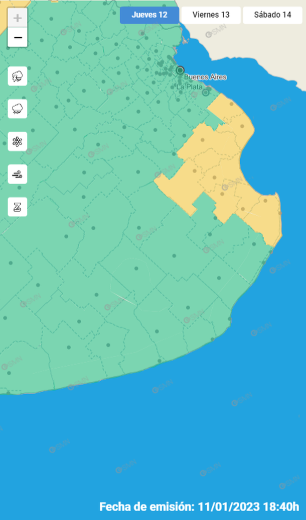 Mapa de alertas por tormentas y granizo para localidades de Buenos Aires. Fuente: Servicio Meteorológico Nacional.