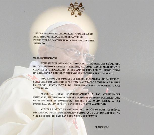 El papa Francisco se solidarizó por la tragedia del terremoto en Chile