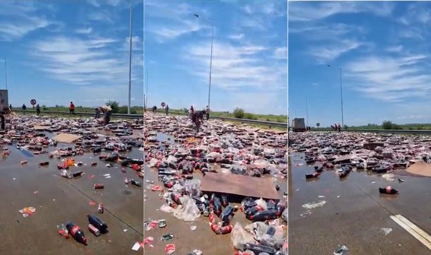 Particular imagen en Santa Fe: un camión de gaseosas volcó su carga sobre la ruta