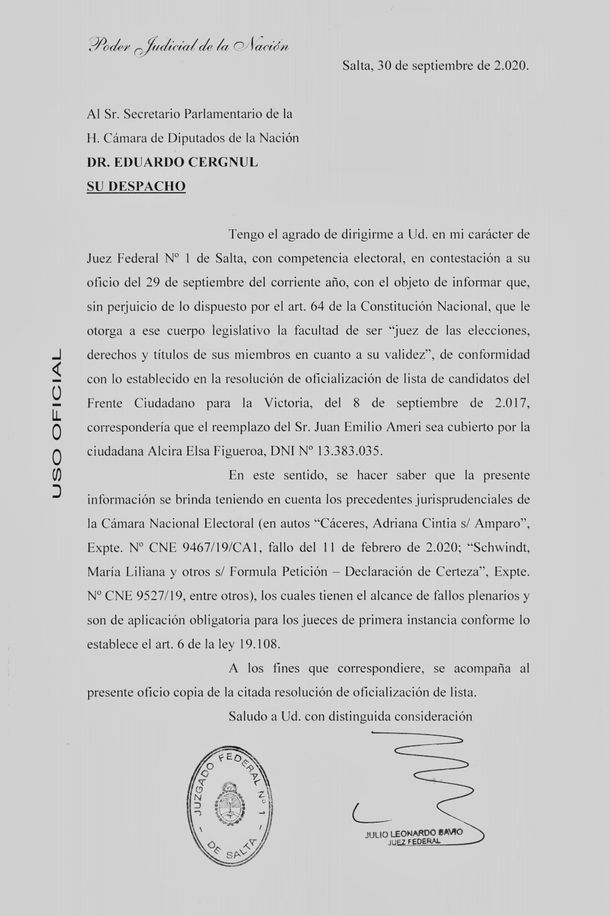 Confirmaron a Alcira Figueroa como reemplazante del ex diputado Juan Ameri