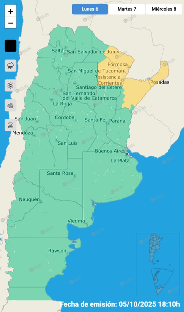 Alerta por tormentas fuertes y granizo este lunes en varias zonas del país. Fuente: Servicio Meteorológico Nacional. Alerta por tormentas fuertes y granizo este lunes en varias zonas del país. Fuente: Servicio Meteorológico Nacional.