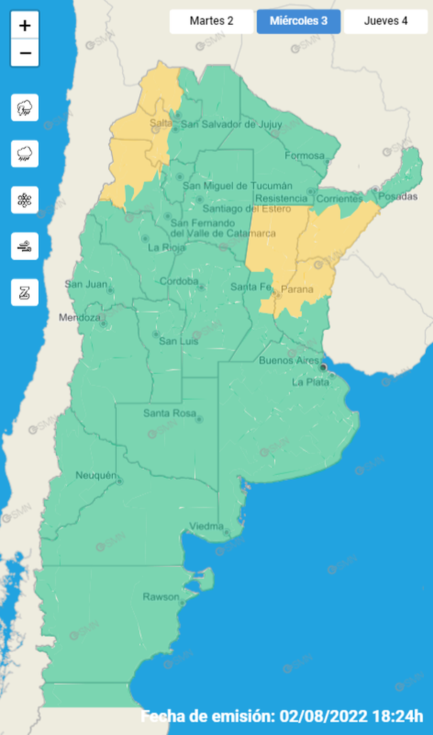 Mapa de alertas por tormentas y granizo, y vientos en diferentes zonas del país. Fuente: Servicio Meteorológico Nacional.