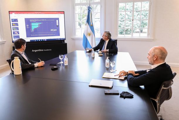 Reunión en la Quinta de Olivos: el presidente Alberto Fernández junto a Axel Kicillof y Horacio Rodríguez Larreta