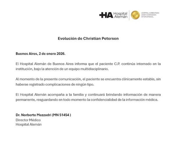 Christian Petersen empezó el año clínicamente estable: qué dice el primer parte médico del 2026