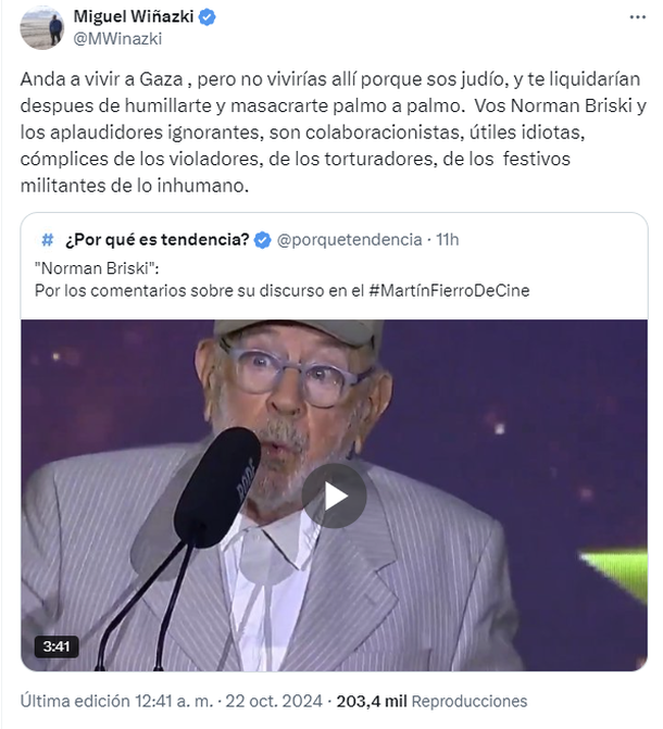 La contundente respuesta de Miguel Wiñazki a Norman Briski 