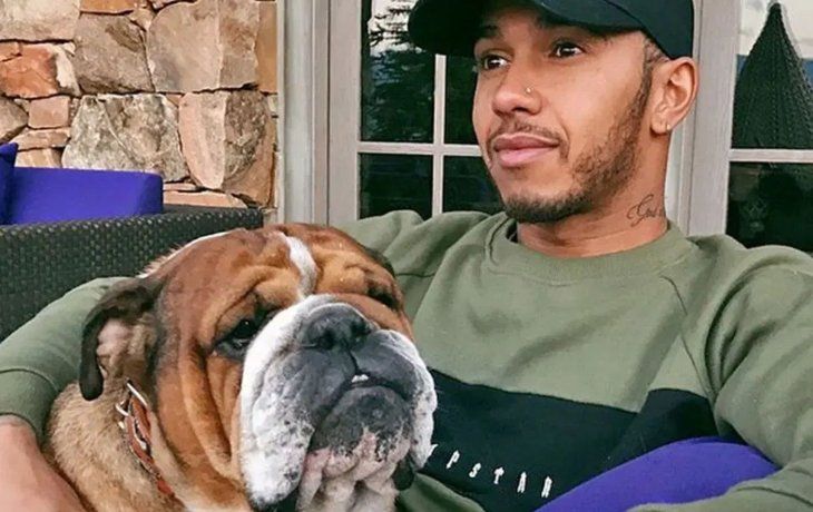 Lewis Hamilton, junto a su perro Roscoe.