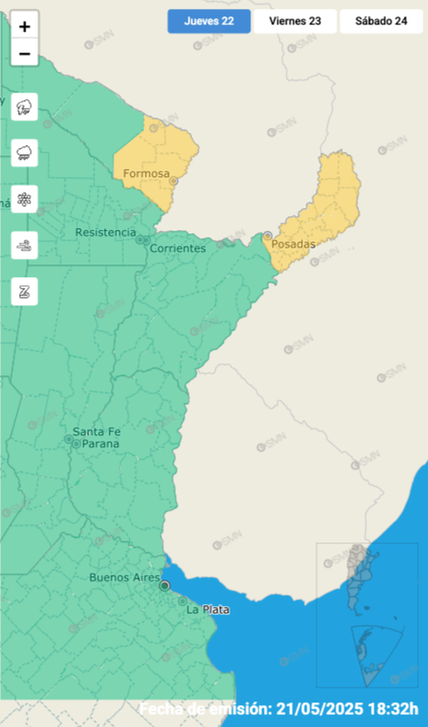 Alerta por tormentas fuertes y granizo en Formosa y Misiones. Fuente: Servicio Meteorológico Nacional. Alerta por tormentas fuertes y granizo en Formosa y Misiones. Fuente: Servicio Meteorológico Nacional.