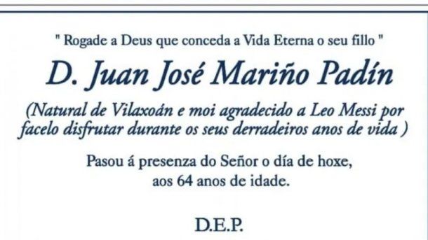 Aviso fúnebre en el que aparece Lionel Messi.