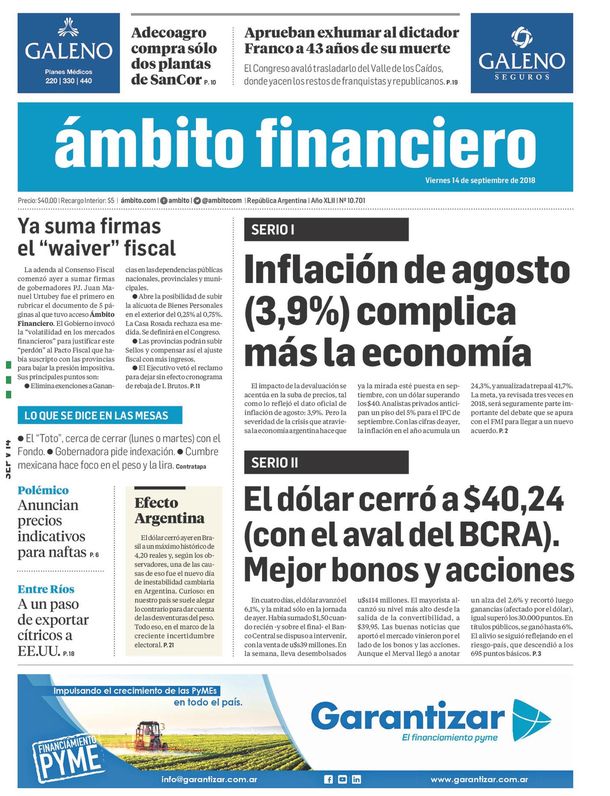 Tapas de diarios del viernes 14 de septiembre de 2018