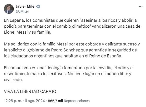El mensaje del presidente Javier Milei sobre el ataque a la mansión del capitán de la Selección argentina El mensaje del presidente Javier Milei sobre el ataque a la mansión del capitán de la Selección argentina