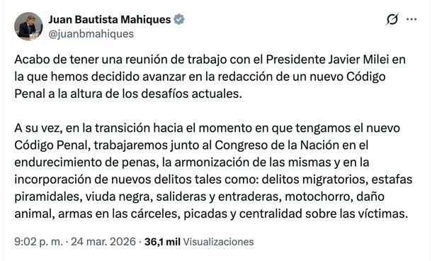 El mensaje de Juan Bautista Mahiques sobre el nuevo Código Penal, que fue replicado por Javier Milei.  