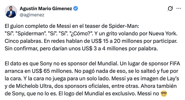 Cuánto cobró Lionel Messi por el tráiler de "Spider-Man" Cuánto cobró Lionel Messi por el tráiler de "Spider-Man"