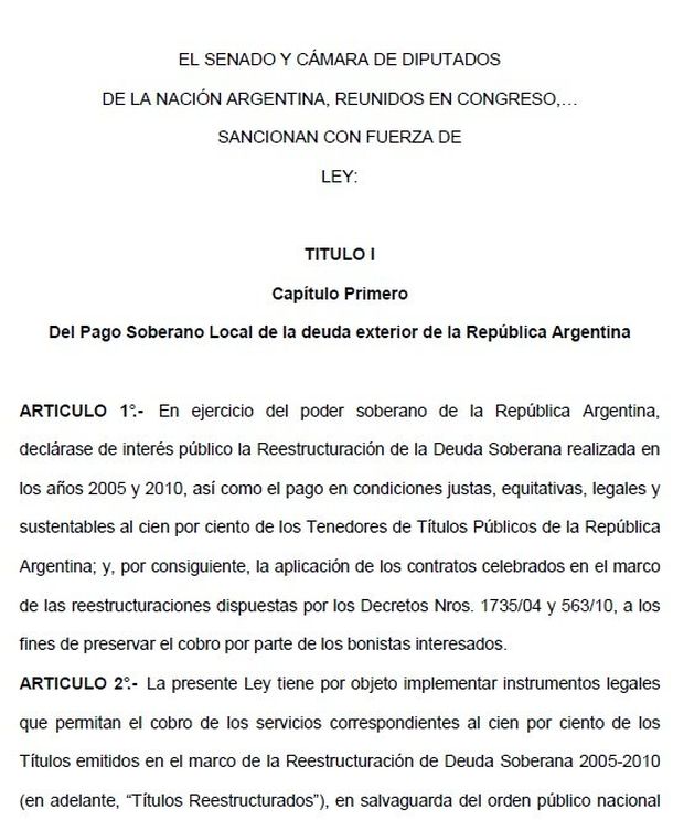 Leé el proyecto de ley que busca cambiar la jurisdicción del pago a bonistas