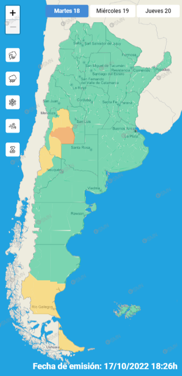 El Servicio Meteorológico Nacional lanzó alertas por lluvias, tormentas fuertes y granizo para diferentes zonas del país.