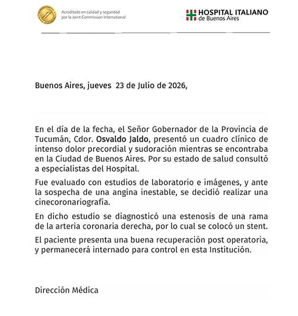 Parte médico de Osvaldo Jaldo. Parte médico de Osvaldo Jaldo.