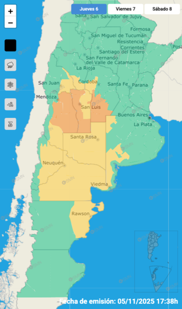 Alerta por tormentas y granizo en Buenos Aires y varias provincias más. Fuente: Servicio Meteorológico Nacional. Alerta por tormentas y granizo en Buenos Aires y varias provincias más. Fuente: Servicio Meteorológico Nacional.
