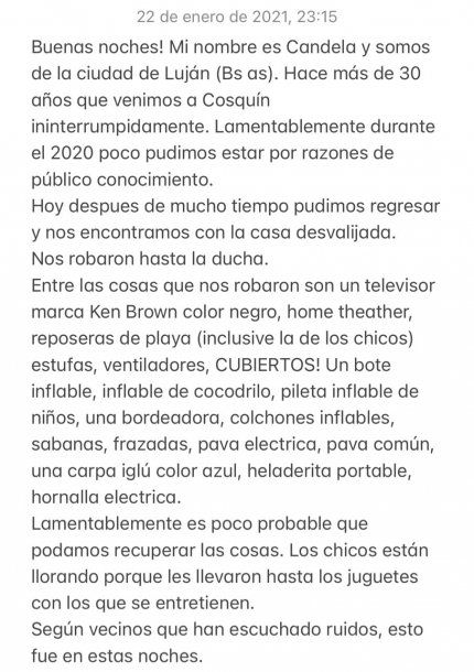 Inseguridad en Cosquín, Córdoba: les robaron más de 20 objetos 