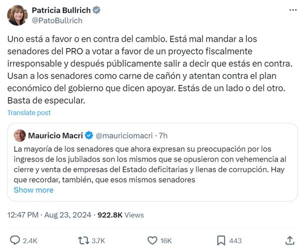 Patricia Bullrich Liquidó A Mauricio Macri: Estás De Un Lado O Del Otro ...