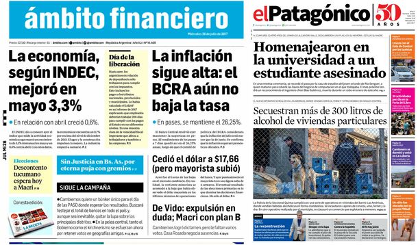 Tapas de diarios del miércoles 26 de julio de 2017