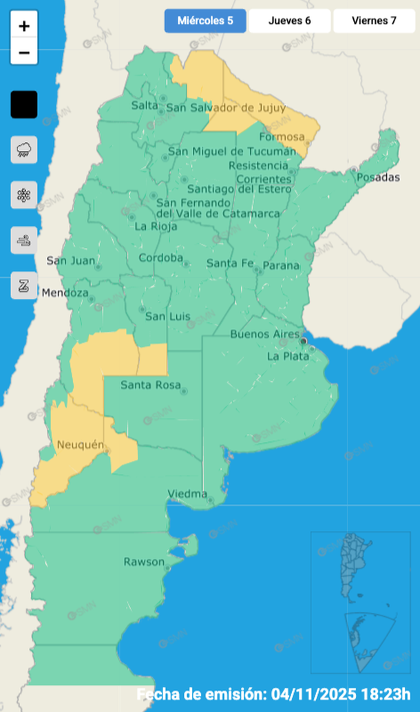 Zonas con alerta por tormentas y granizo para este miércoles. Fuente: Servicio Meteorológico Nacional. Zonas con alerta por tormentas y granizo para este miércoles. Fuente: Servicio Meteorológico Nacional.