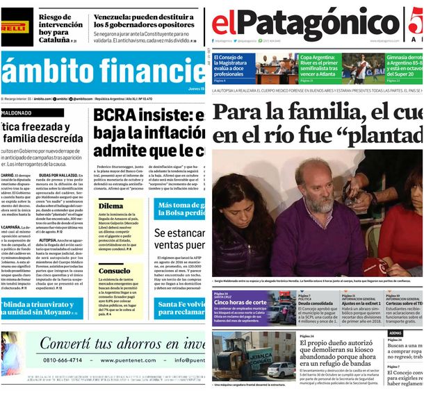 Tapas de diarios del miércoles 19 de octubre de 2017