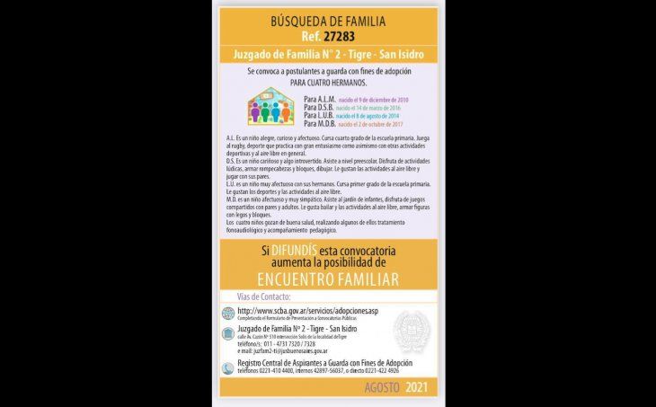 Se convoca a postulantes a guarda con fines de adopción para 4 hermanitos