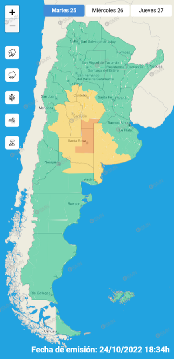 El Servicio Meteorológico Nacional lanzó alerta por tormentas y granizo en Buenos Aires y otras seis provincias.