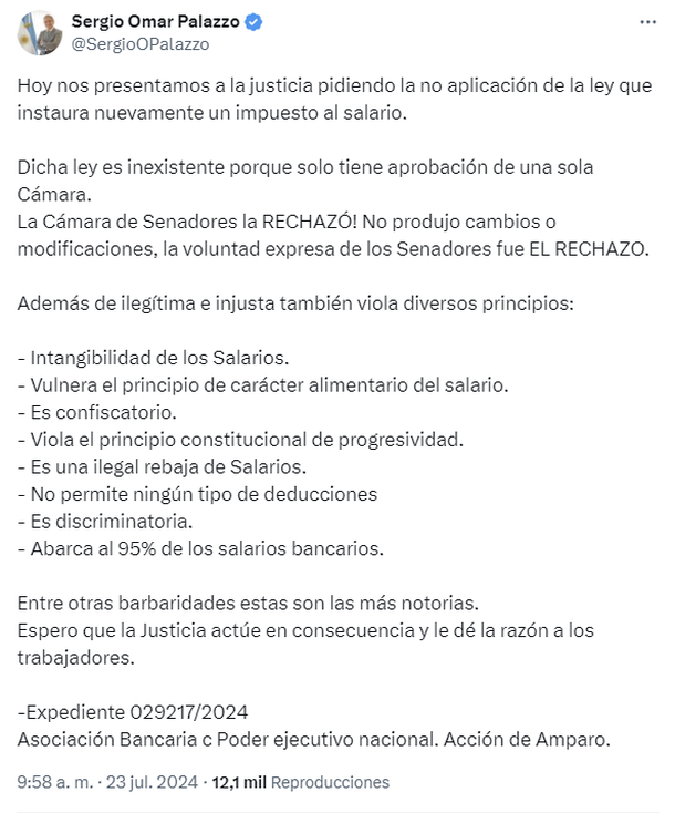 El anuncio de Sergio Palazzo sobre la presentación en la Justicia