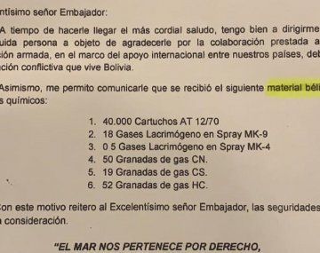 El documento oficial que confirma el material bélico enviado por Macri a Bolivia tras el golpe de Estado