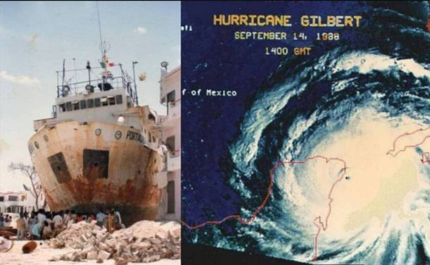 El huracán Gilberto afecta la península de Yucatán con vientos sostenidos de 295 km/h y rachas de 350 km/h en 1988.