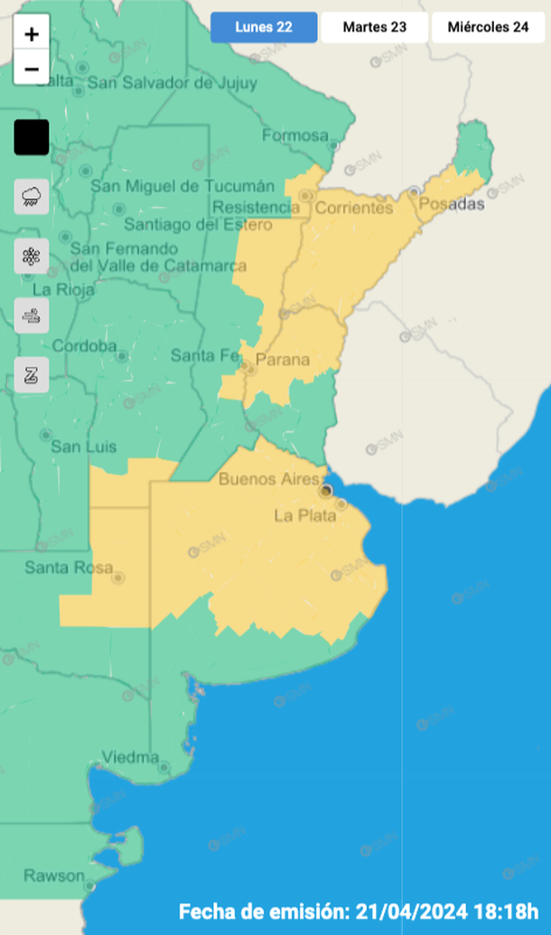 Alerta por tormentas y granizo en Buenos Aires y otras siete provincias. Fuente: Servicio Meteorológico Nacional. Alerta por tormentas y granizo en Buenos Aires y otras siete provincias. Fuente: Servicio Meteorológico Nacional.